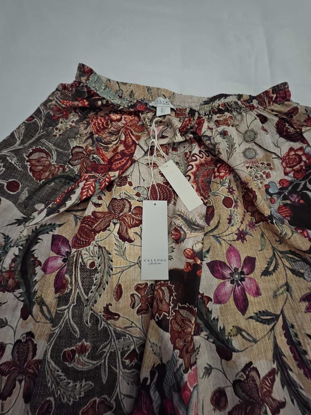 Calypso St. Barth Beige Maxi Skirt with Red & Pink Floral Print